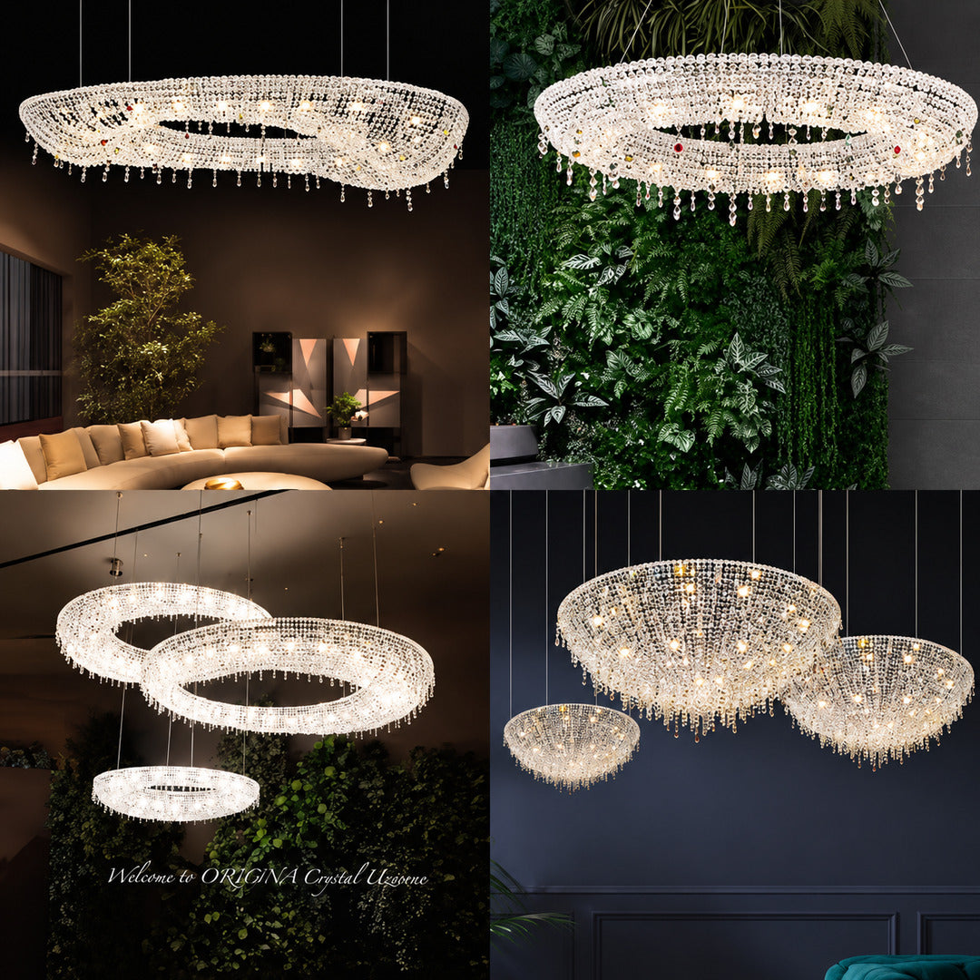 Brina crystal chandeliers over tables in an upscale restaurant
