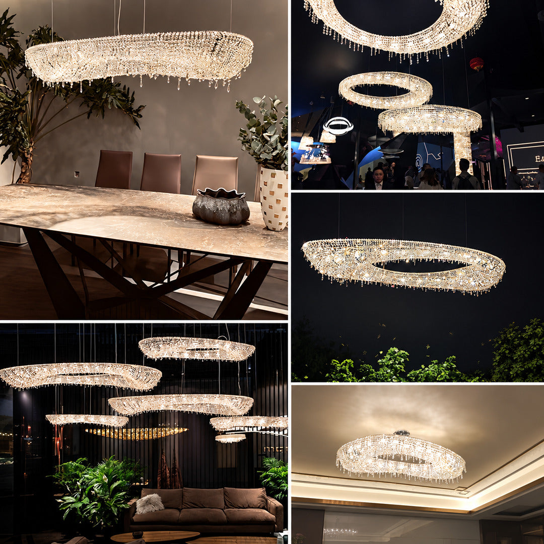 Large oval Brina crystal chandelier in a boutique hotel lobby