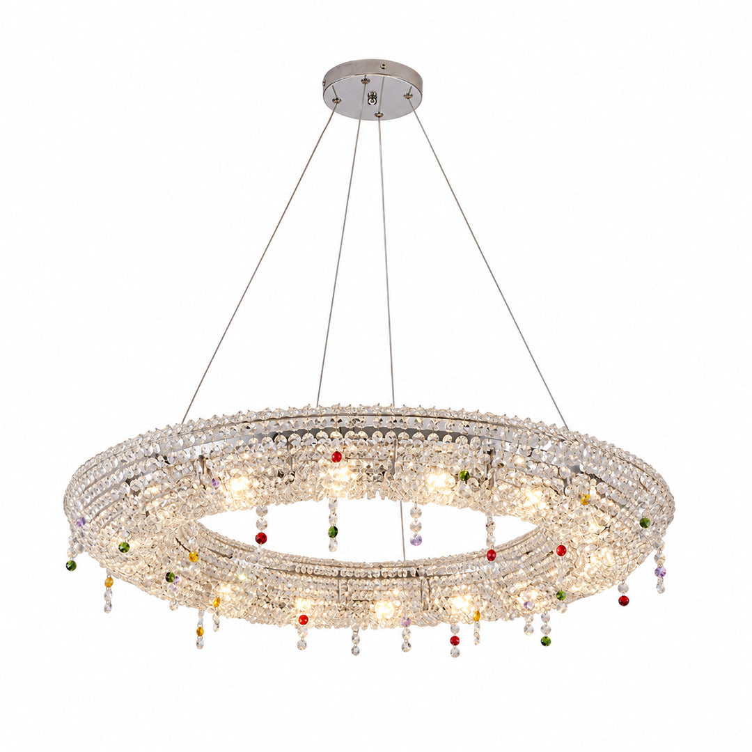 Oval 39.4-inch Brina crystal chandelier over a rectangular dining table