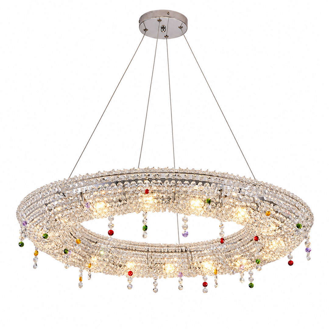 Oval 39.4-inch Brina crystal chandelier over a rectangular dining table
