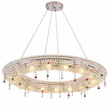 Oval 63.8-inch Brina crystal chandelier lighting a large great room