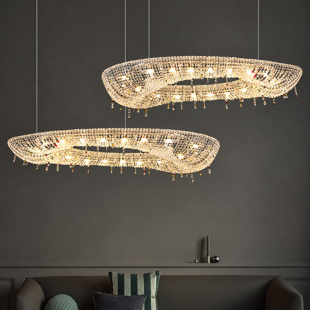 Brina flush mount crystal chandelier in a living room with an 8-foot ceiling