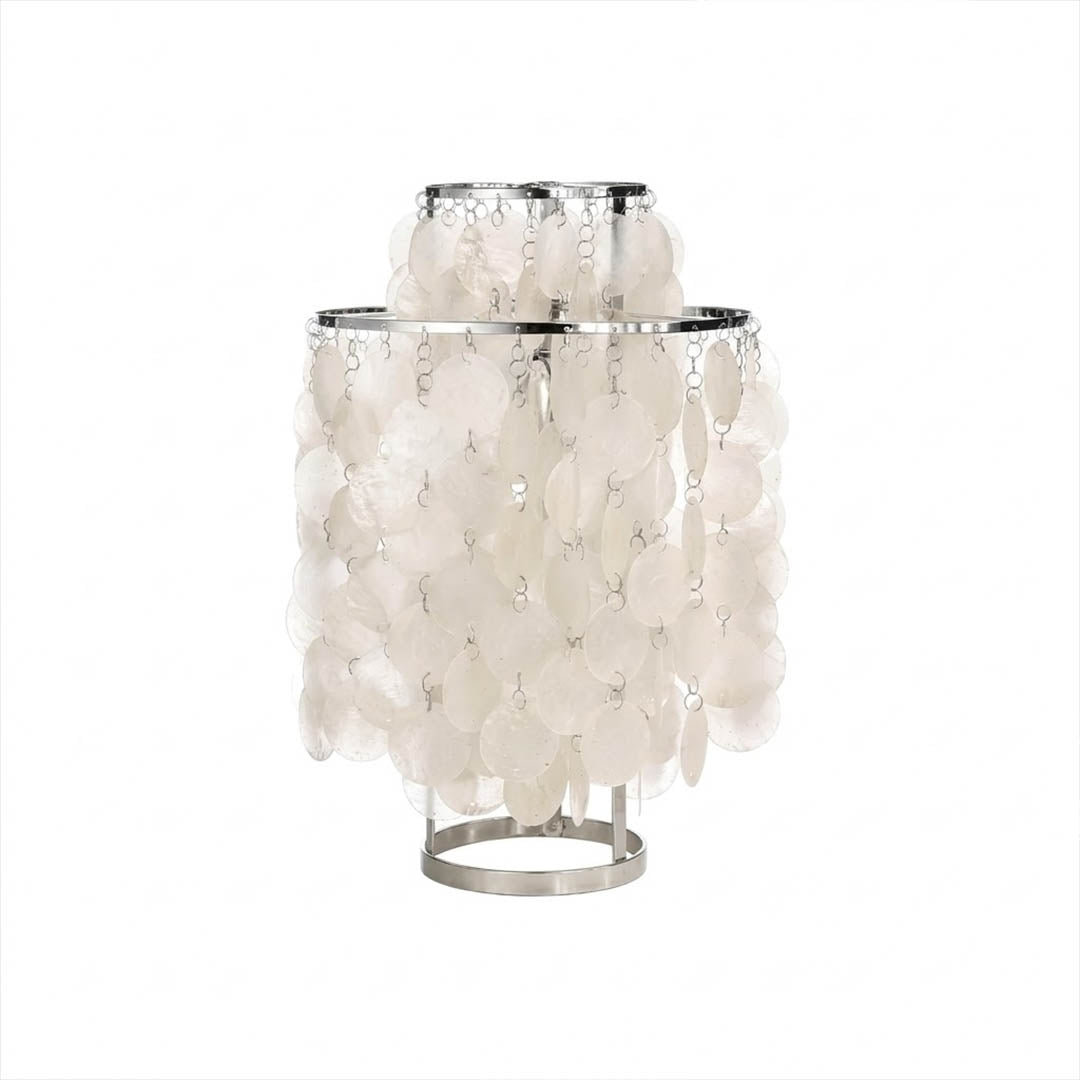 Brisa FUN style shell cluster table lamp Chrome polished silver 12 inch spherical Capiz cluster metal base Coastal Mid Century designer natural shells white background