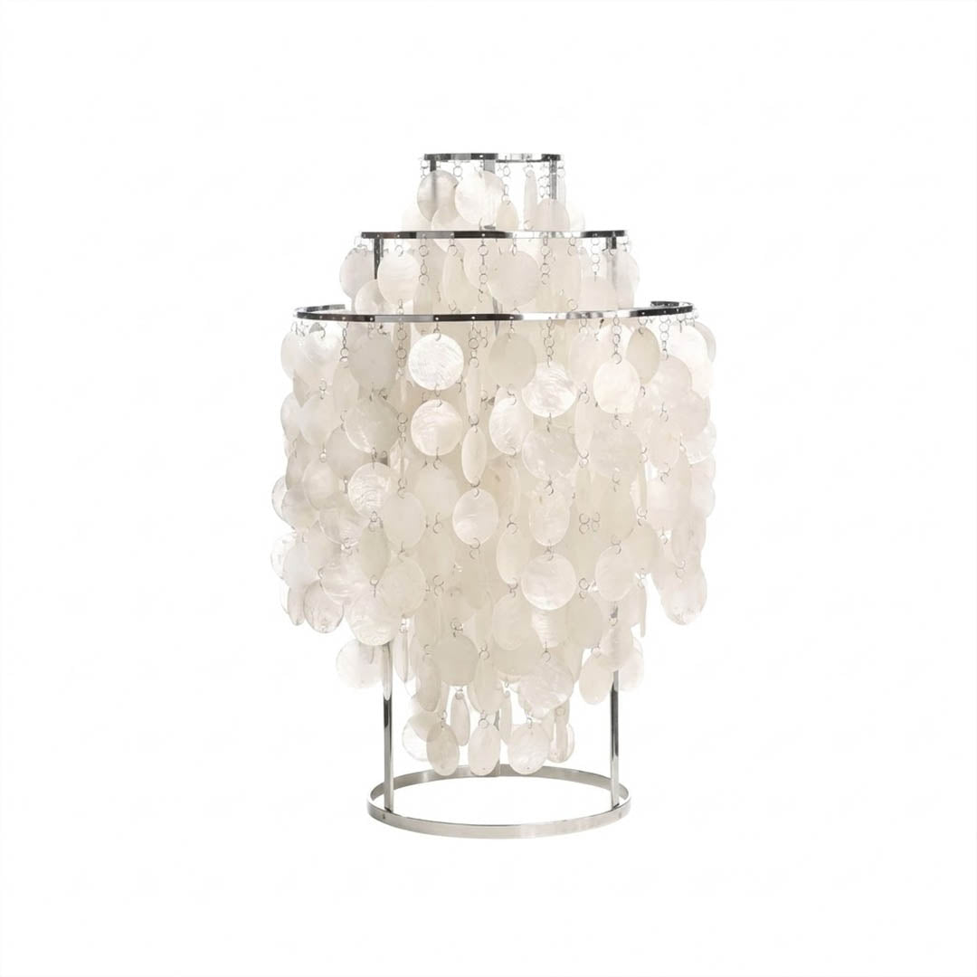 Brisa FUN style shell cluster table lamp Chrome 16 inch large modern spherical Capiz cluster metal base Coastal Mid Century designer natural shells white background