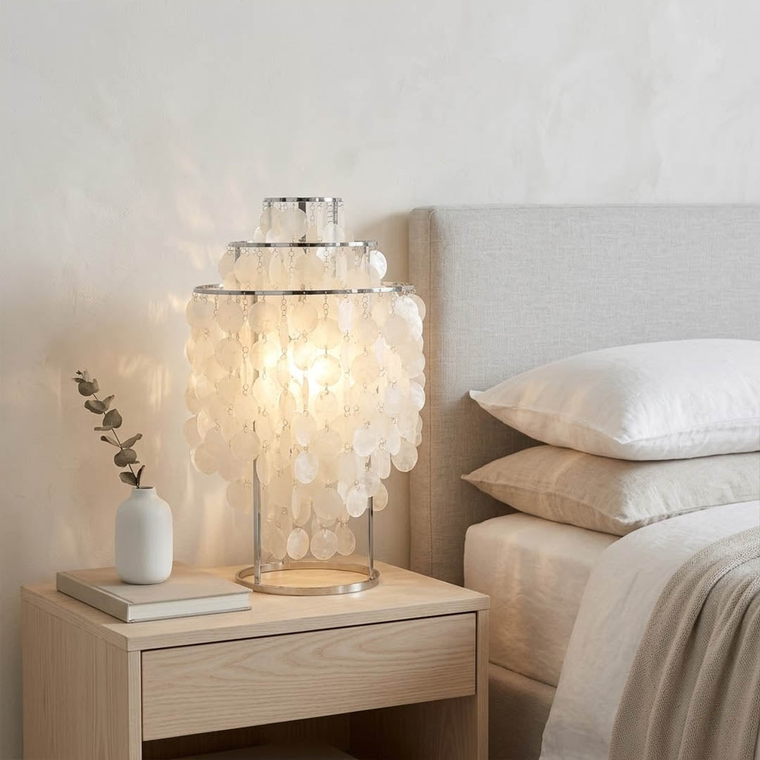 Brisa Gold 12 inch FUN style shell cluster table lamp bedroom bedside pair symmetrical primary master Coastal Mid Century designer warm glow soft ambient lifestyle interior