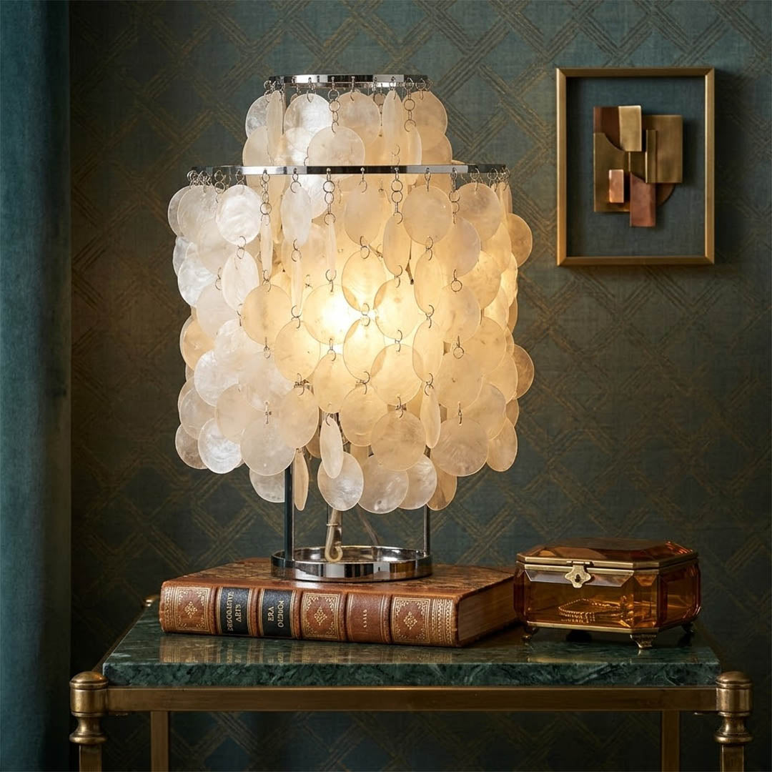 Brisa Chrome 12 inch FUN style shell cluster table lamp desk reading corner modern coastal Mid Century designer warm glow lifestyle interior