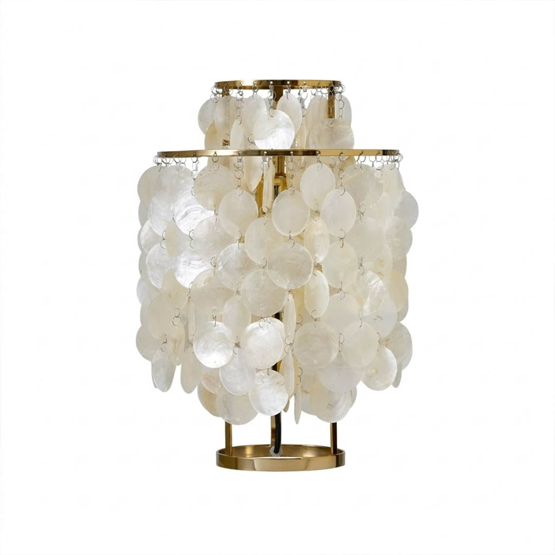 Brisa FUN style shell cluster table lamp Gold warm 12 inch spherical Capiz cluster metal base Coastal Boho Mid Century designer natural shells white background