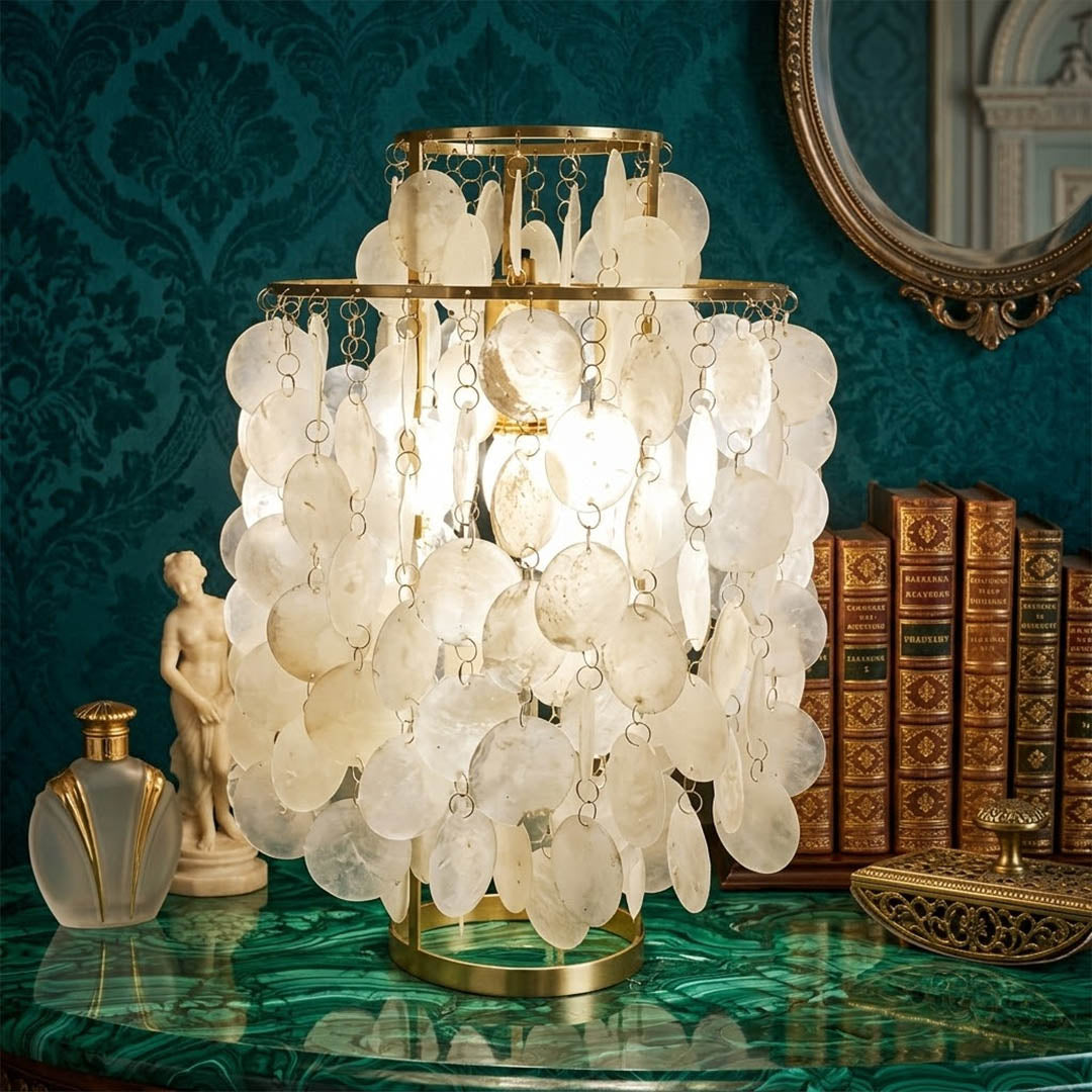 Brisa Chrome 12 inch FUN style shell cluster table lamp desk reading corner modern coastal Mid Century designer warm glow lifestyle interior