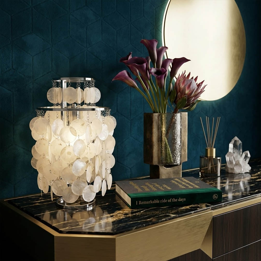 Brisa Gold 16 inch FUN style shell cluster table lamp living room side table accent coastal Mid Century designer warm glow Hampton lifestyle interior