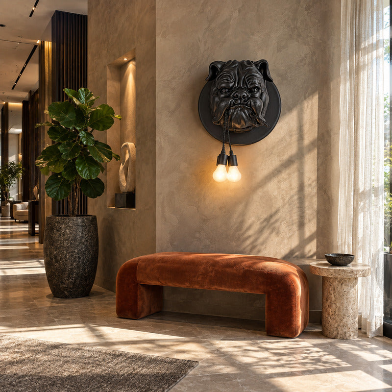 Bulldog wall sconce welcoming guests with a bold character accent in an entryway