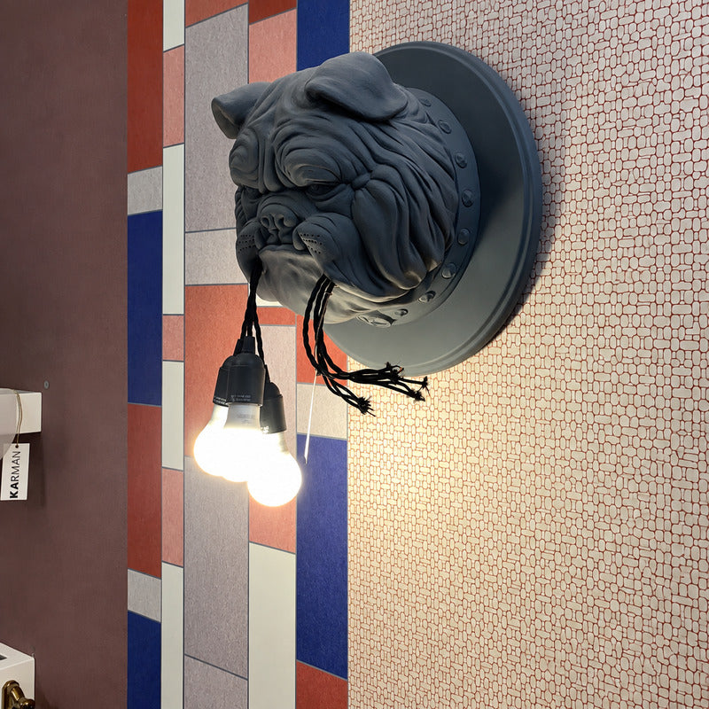 Detail of the cluster of Edison bulbs held in the bulldog's mouth on the Bulldog wall sconce