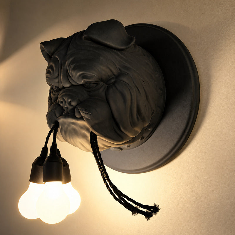 Close-up of the expressive resin bulldog bust on the Bulldog wall sconce