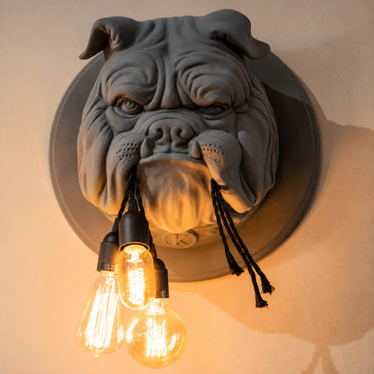 Detail of the cluster of Edison bulbs held in the bulldog's mouth on the Bulldog wall sconce