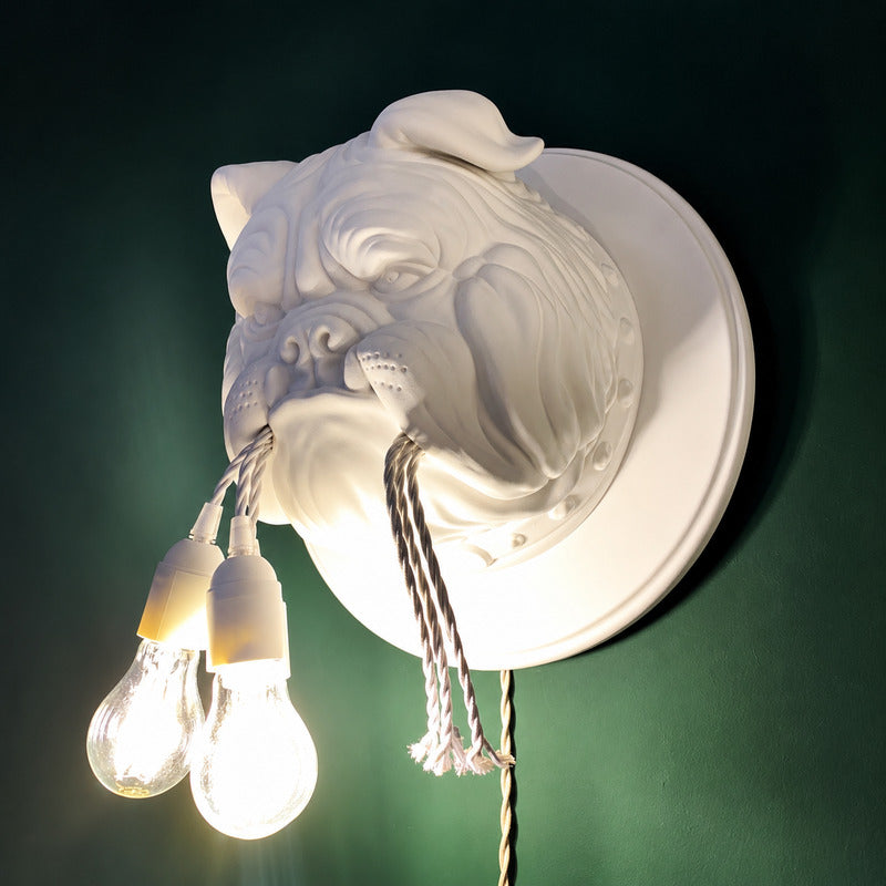 Detail of the cluster of Edison bulbs held in the bulldog's mouth on the Bulldog wall sconce