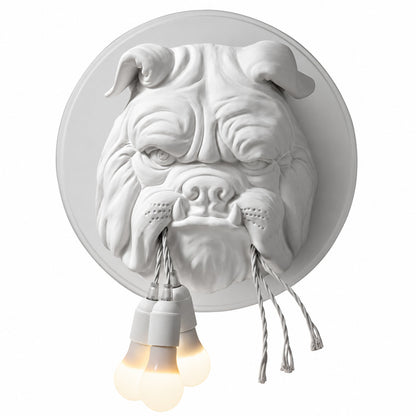 Matte white Bulldog wall sconce as a bold sculptural accent on a living room wall
