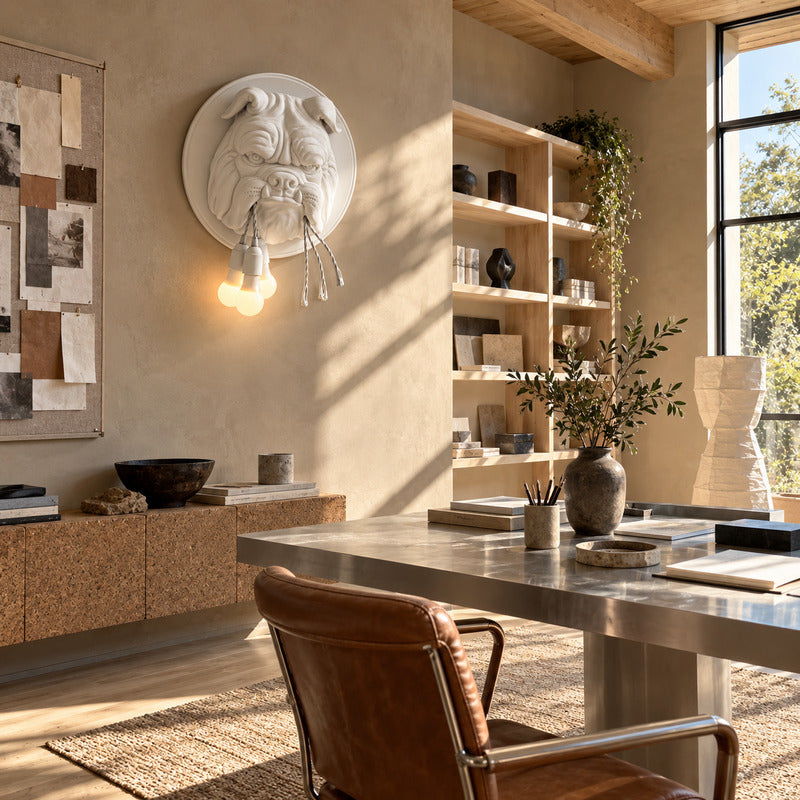 Bulldog wall sconce as a bold sculptural character accent on a modern living room wall