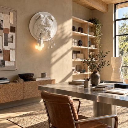 Bulldog wall sconce as a bold sculptural character accent on a modern living room wall