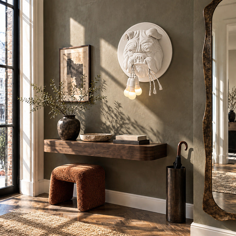 Bulldog wall sconce welcoming guests with a bold character accent in an entryway