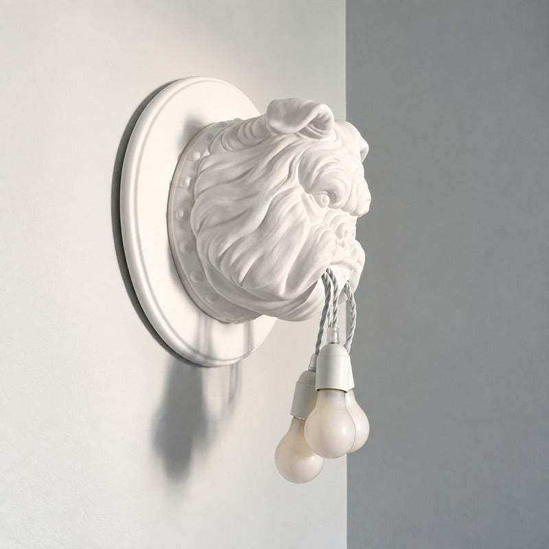 Close-up of the expressive resin bulldog bust on the Bulldog wall sconce