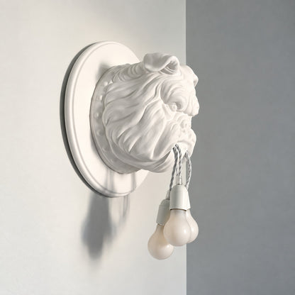 Close-up of the expressive resin bulldog bust on the Bulldog wall sconce