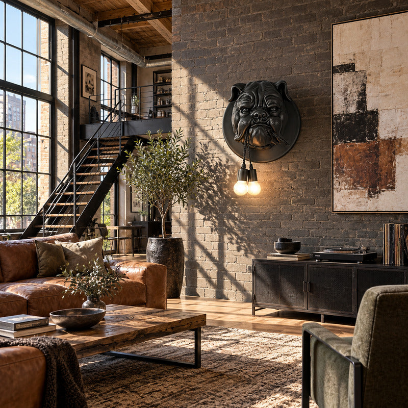 Bulldog wall sconce as a bold sculptural character accent on a modern living room wall
