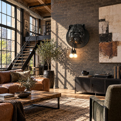 Bulldog wall sconce as a bold sculptural character accent on a modern living room wall