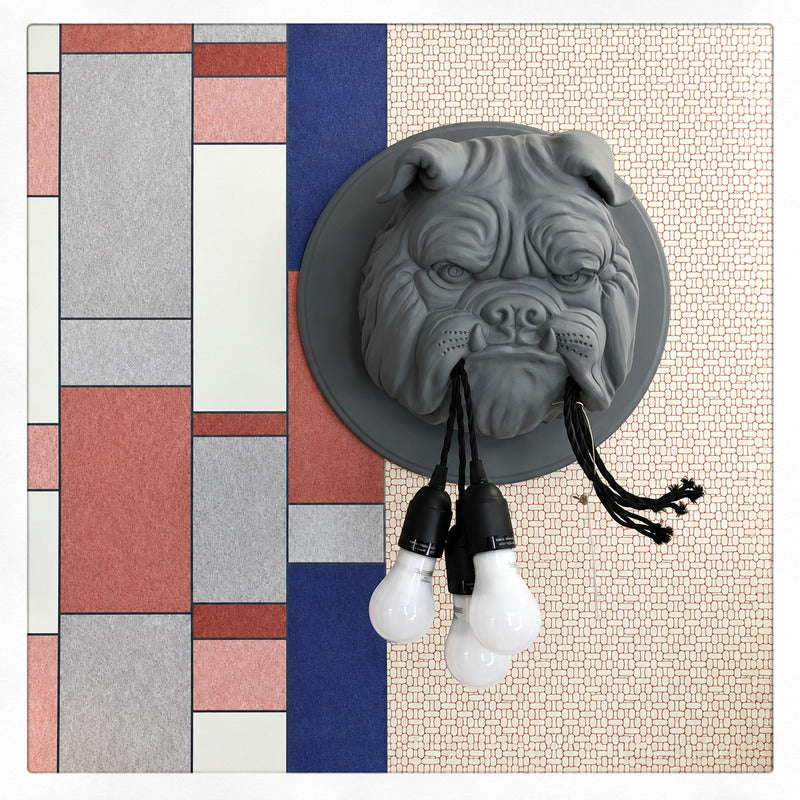 Detail of the cluster of Edison bulbs held in the bulldog's mouth on the Bulldog wall sconce