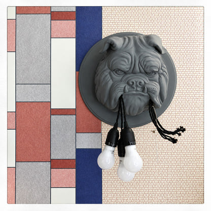 Detail of the cluster of Edison bulbs held in the bulldog's mouth on the Bulldog wall sconce