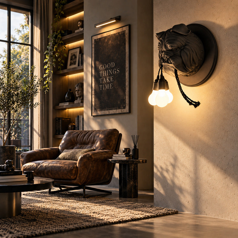 Bulldog wall sconce as a bold sculptural character accent on a modern living room wall