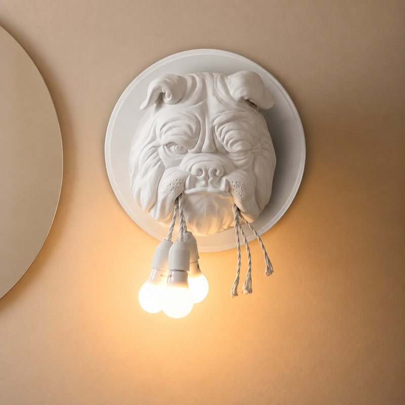 Bulldog wall sconce bringing a playful character accent to a pet shop or veterinary space