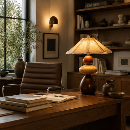 Cairn wood table lamp study desk console stacked wood linen shade warm glow japandi American home lifestyle interior