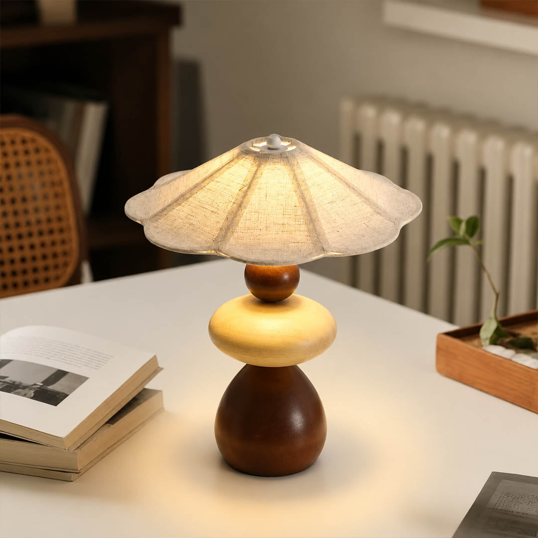 Cairn wood table lamp study desk console stacked wood linen shade warm glow japandi American home lifestyle interior