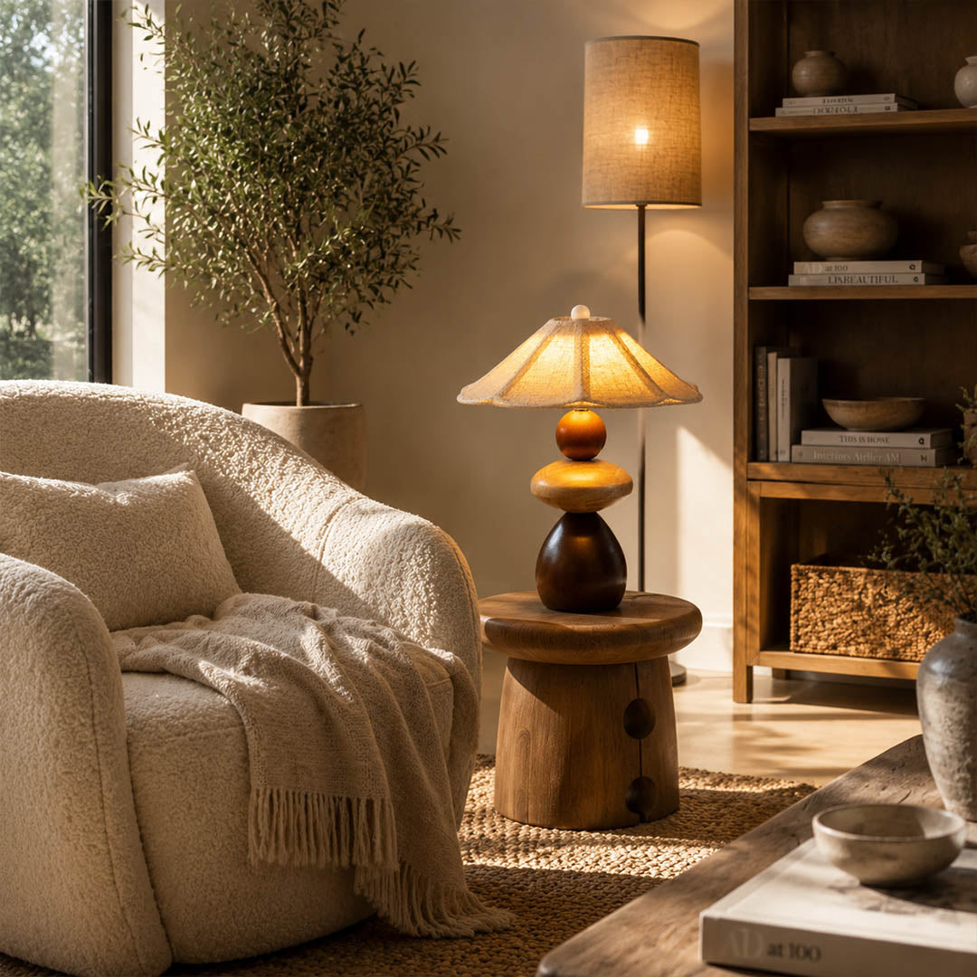 Cairn wood table lamp living room side table stacked wood linen shade warm glow natural modern American home lifestyle interior styled