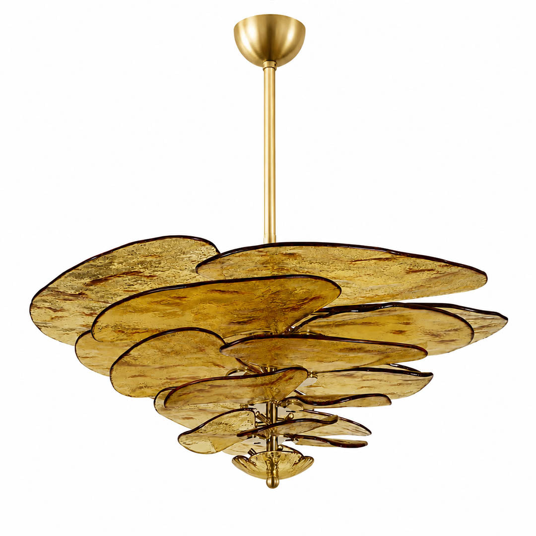Calanthe petal bloom Murano glass chandelier medium 32 inch 16 light verdant sage green polished gold Italian hand blown flower form botanical modern white background