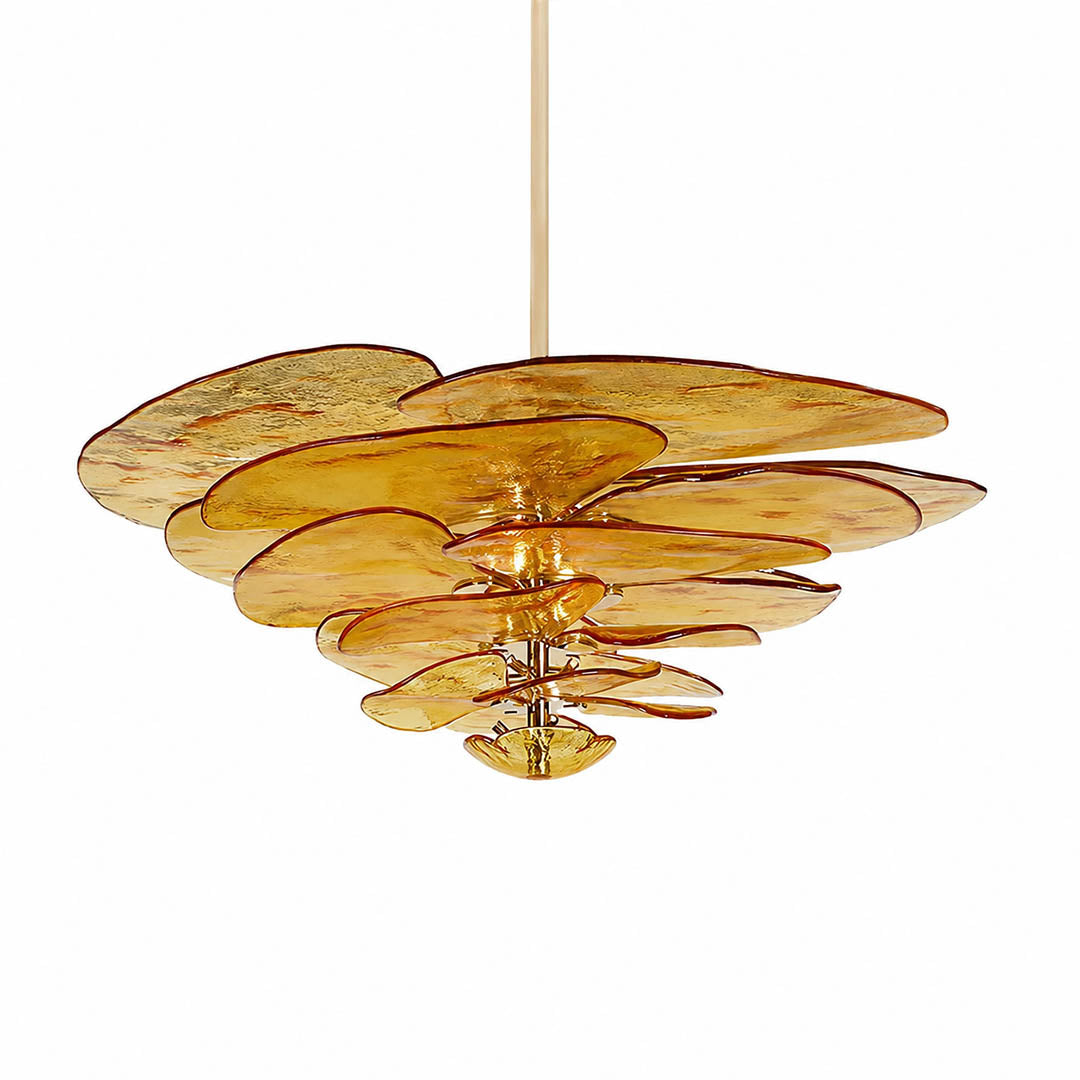 Calanthe petal bloom Murano glass chandelier large 35 inch 20 light Amber grand statement polished gold Italian hand blown flower form modern art deco mansion white background
