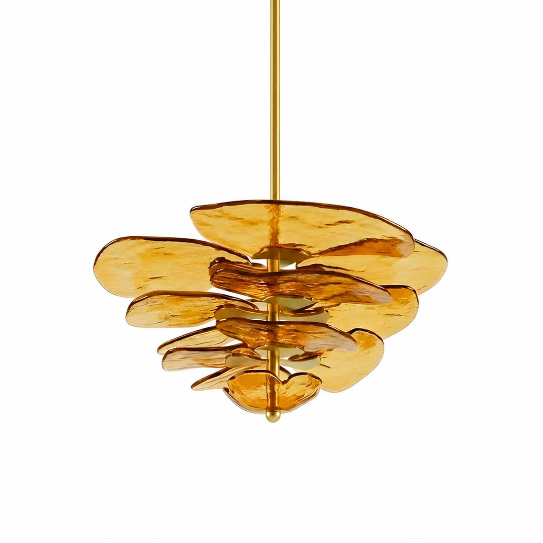 Calanthe petal bloom Murano glass chandelier medium 32 inch 16 light amber honey polished gold Italian hand blown flower form art deco hollywood regency white background