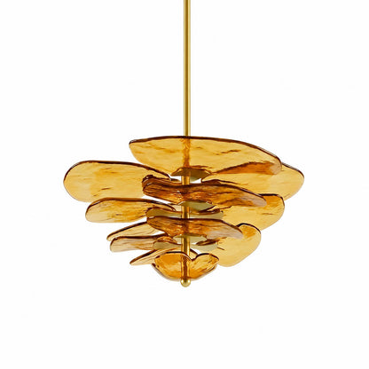Calanthe petal bloom Murano glass chandelier medium 32 inch 16 light amber honey polished gold Italian hand blown flower form art deco hollywood regency white background
