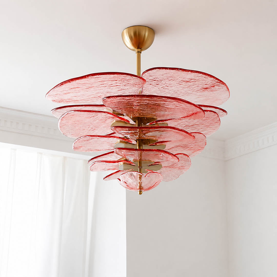 Calanthe petal shape tiered layered hand blown Murano glass blooming flower structure craftsmanship detail close up Italian unique