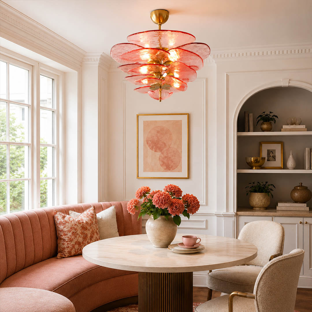 Calanthe medium 16 light amber Murano petal chandelier dining room walnut table cocktail bar art deco modern polished gold warm honey glow lifestyle interior
