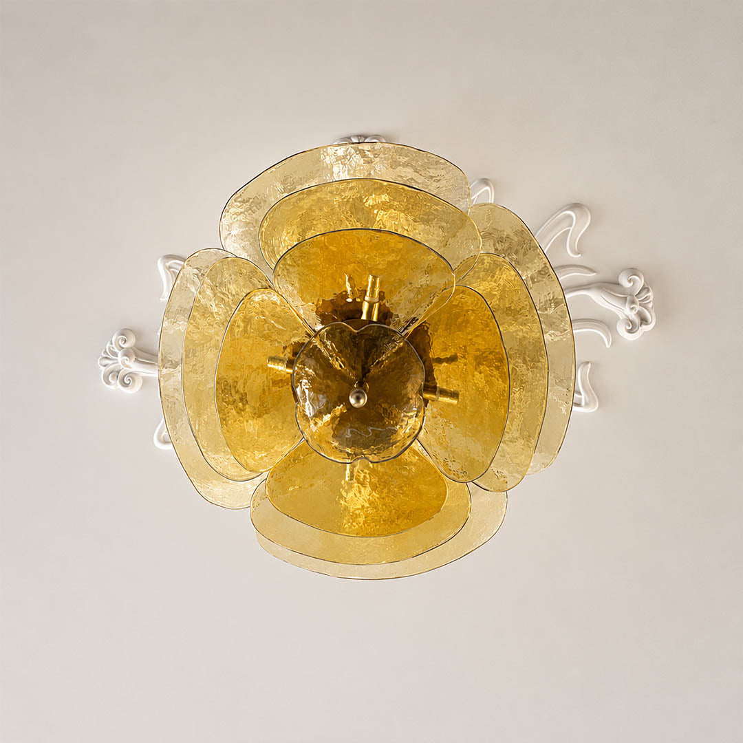 Calanthe petal shape tiered layered hand blown Murano glass blooming flower structure craftsmanship detail close up Italian unique