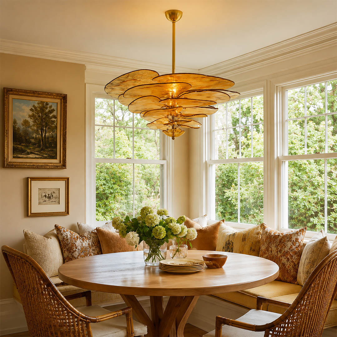 Calanthe medium 16 light amber Murano petal chandelier dining room walnut table cocktail bar art deco modern polished gold warm honey glow lifestyle interior