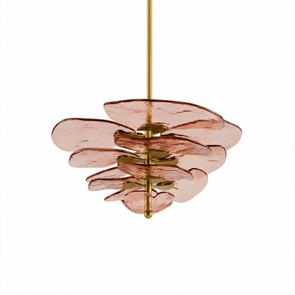 Calanthe petal bloom Murano glass chandelier small 26 inch 12 light pink rose polished gold Italian hand blown flower form modern art deco hollywood regency white background