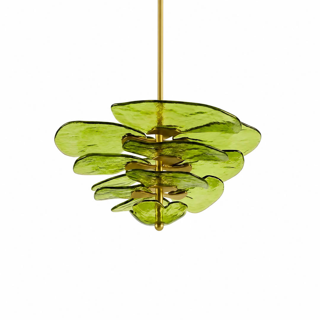 Calanthe petal bloom Murano glass chandelier medium 32 inch 16 light verdant sage green polished gold Italian hand blown flower form botanical modern white background