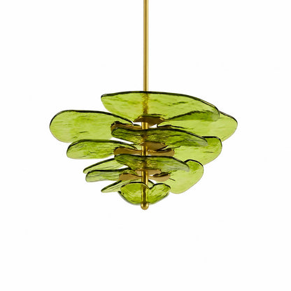 Calanthe petal bloom Murano glass chandelier medium 32 inch 16 light verdant sage green polished gold Italian hand blown flower form botanical modern white background