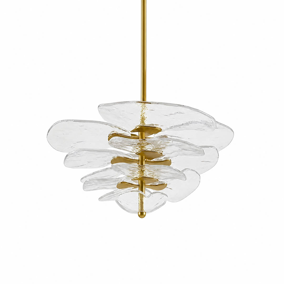 Calanthe petal bloom Murano glass chandelier medium 32 inch 16 light clear polished gold hand blown Italian flower form tiered modern art deco white background
