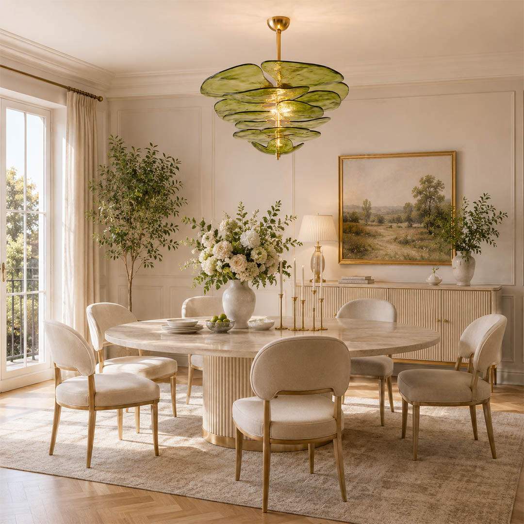 Calanthe medium 16 light amber Murano petal chandelier dining room walnut table cocktail bar art deco modern polished gold warm honey glow lifestyle interior