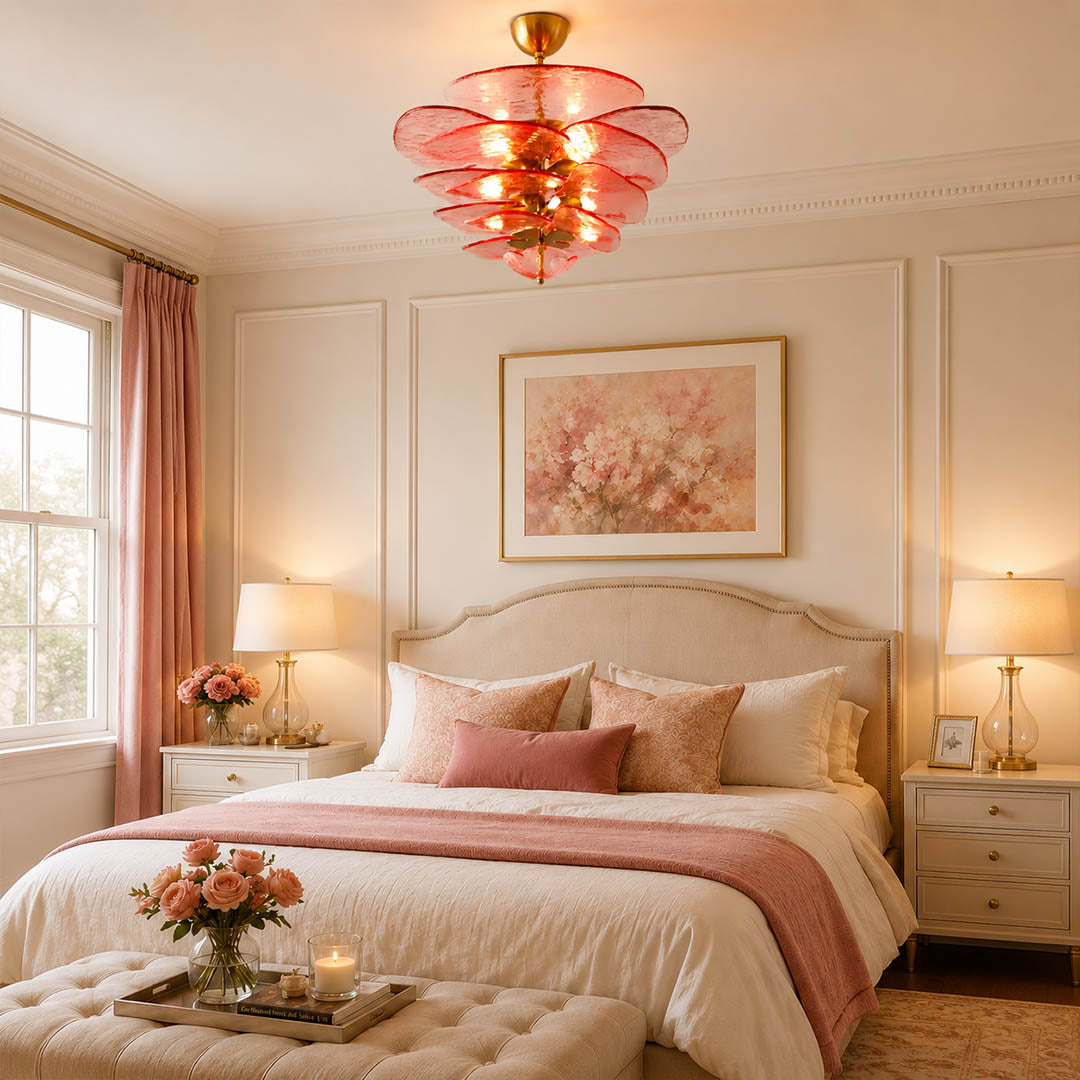 Calanthe small 12 light pink rose Murano petal chandelier primary bedroom dressing room hollywood regency romantic feminine polished gold warm glow lifestyle interior