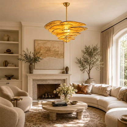 Calanthe medium 16 light clear Murano petal chandelier living room mid century modern luxury walnut leather Italian polished gold warm glow lifestyle interior