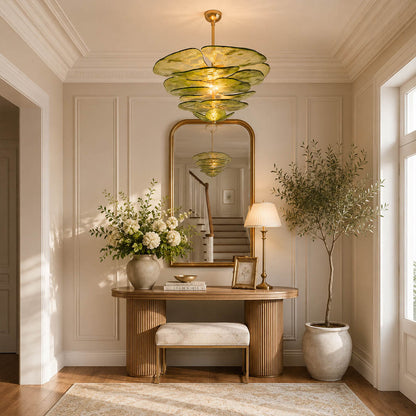 Calanthe large 20 light clear Murano petal chandelier grand foyer mansion modern art deco double height statement polished gold warm glow lifestyle interior