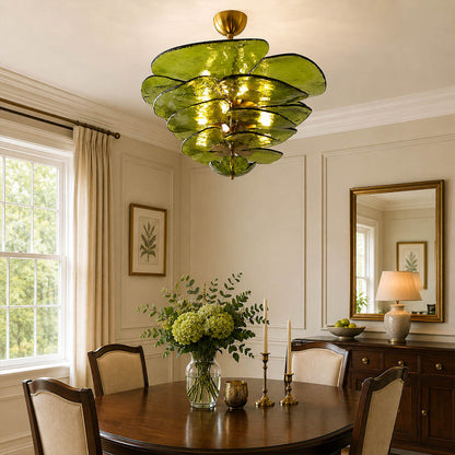 Calanthe medium 16 light amber Murano petal chandelier dining room walnut table cocktail bar art deco modern polished gold warm honey glow lifestyle interior